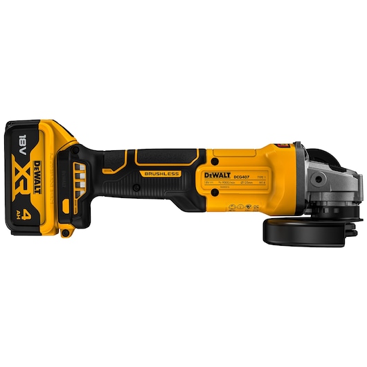 DEWALT 18V XR Brushless Angle Grinder with 4Ah battery view from left side