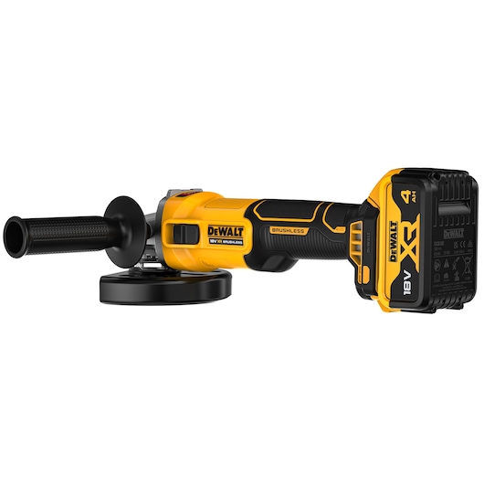 DEWALT 18V XR Brushless Angle Grinder with 4Ah battery 3/4 view showing handle and bottom of battery