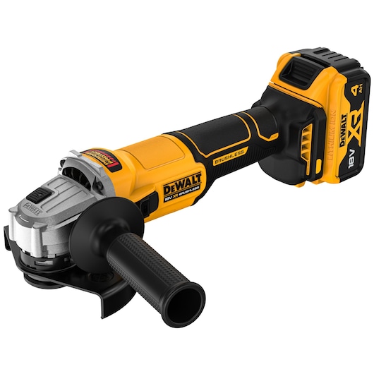 DEWALT 18V XR Brushless Angle Grinder with 4Ah battery ¾ view shown from above tool
