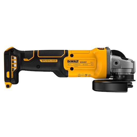 DEWALT 18V XR Brushless Angle Grinder view from left side DEWALT 18V XR Brushless Angle Grinder view from left side