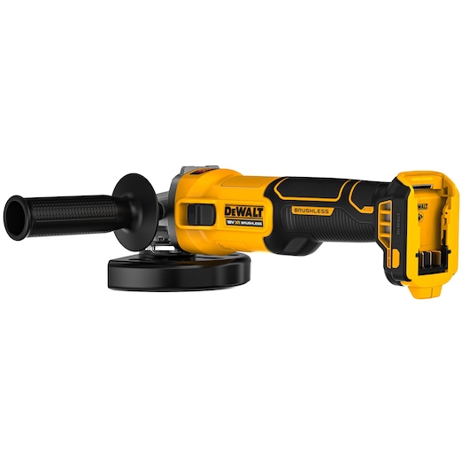 DEWALT 18V XR Brushless Angle Grinder 3/4 view showing handle and bottom of battery DEWALT 18V XR Brushless Angle Grinder 3/4 view showing handle and bottom of battery