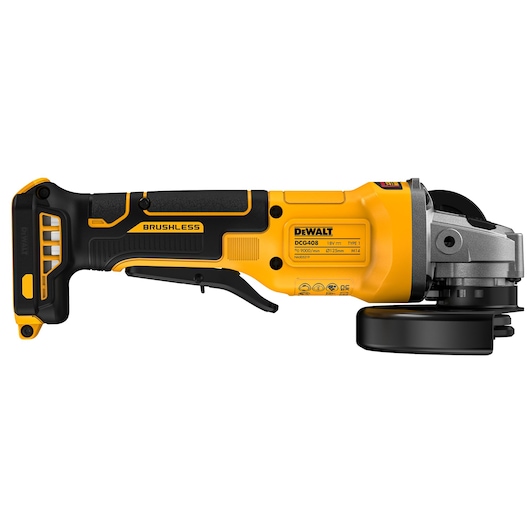 DEWALT 18V XR Brushless Angle Grinder view from left side DEWALT 18V XR Brushless Angle Grinder view from left side