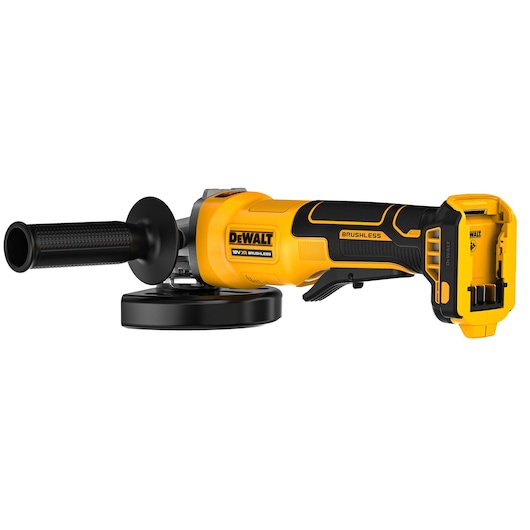DEWALT 18V XR Brushless Angle Grinder 3/4 view showing handle and bottom of battery DEWALT 18V XR Brushless Angle Grinder 3/4 view showing handle and bottom of battery