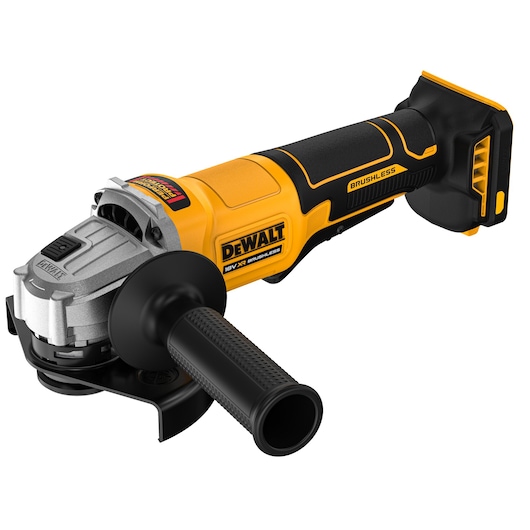 DEWALT 18V XR Brushless Angle Grinder 3/4 view showing handle and bottom of battery DEWALT 18V XR Brushless Angle Grinder 3/4 view showing handle and bottom of battery