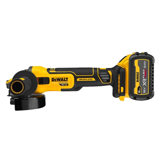 Side view Brushless 18V XR 125mm cordless angle grinder with FlexVolt 6AH battery