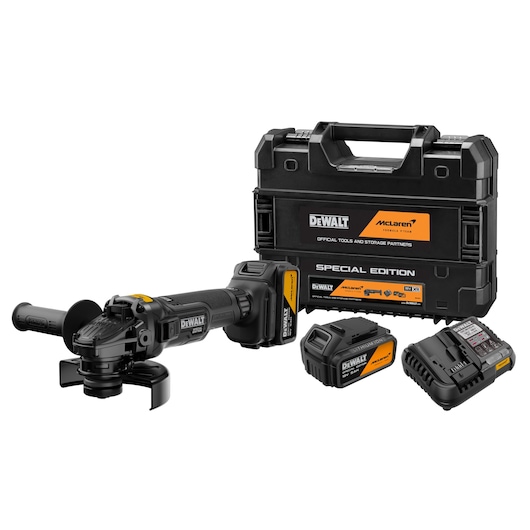 DEWALT x McLaren F1 Team 18V XR Special Edition Grinder with 5Ah battery attached, additional 5Ah battery, storage case and battery charger