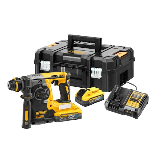 18V XR Brushless SDS-Plus Hammer Drill, battery charger, Powerstack battery and Tstak case on white background