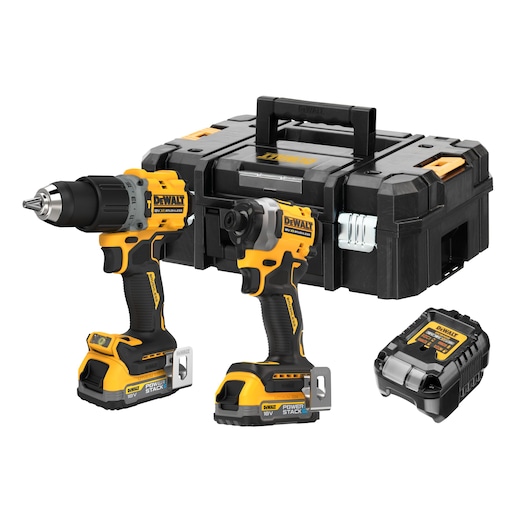 Kit including DCD805 18V Hammer Drill Driver, DCF850 18V Compact Impact Driver, 2x compact Powerstack batteries, DCB1102 charger and TSTAK Kit box