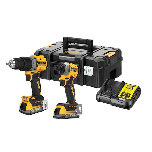 18V XR BRUSHLESS TWIN KIT WITH HAMMER DRILL DRIVER IMPACT DRIVER WITH 2 POWERSTACK BATTERIES CHARGER AND KITBOX ALTERNATIVE ANGLE