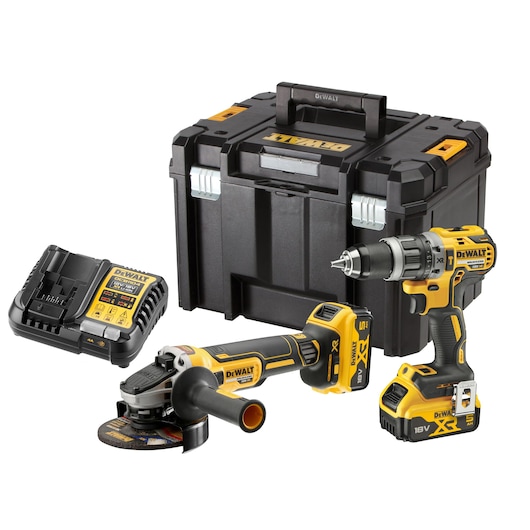 Kit including DCD796 Combi Drill, DCG405 Angle Grinder, 2 x DCB184 5.0Ah batteries, DCB1104 Charger and TSTAK Case
