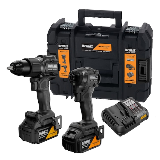DEWALT x McLaren F1 Team 18V XR Special Edition Hammer Drill Driver and Compact Impact Driver with 4Ah batteries, storage case and charger