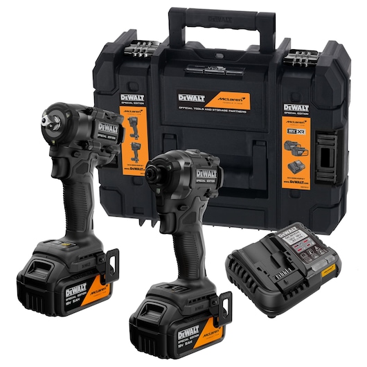 DEWALT x McLaren F1 Team 18V XR Special Edition Compact Impact Driver and Impact Wrench with 5Ah batteries, storage case and charger