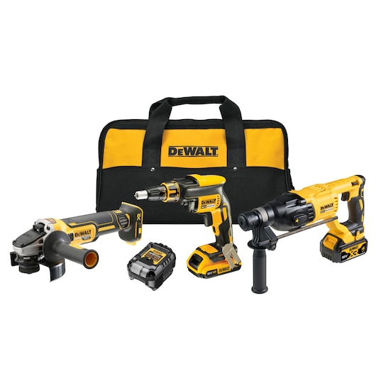 Kit including DCF620N 18V XR Dyrwall Screwdriver,  DCH133N 18V XR SDS Plus Hammer Drill,  DCG405N 18V XR Angle Grinder, x1 DCB182 18V XR 4.0AH battery, x1 DCB183 18V XR 2.0AH battery, DCB1102 Charger and storage bag