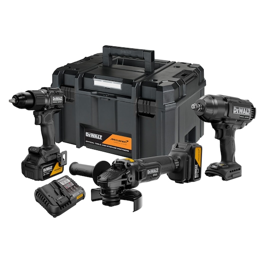 DEWALT x McLaren F1 Team 18V XR Special Edition Hammer Drill Driver, Impact Wrench and Grinder with 5Ah batteries attached, storage case and battery charger