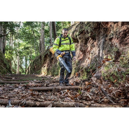 Worker blowing leaves on a woodland path using a DEWALT 2x54V Flexvolt Backpack Blower