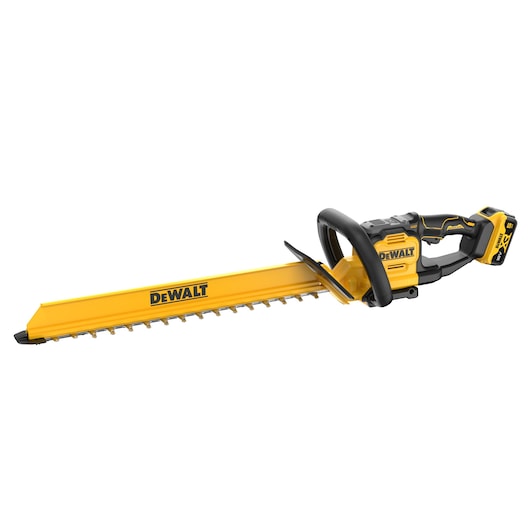DEWALT 18V XR Brushless Hedge Trimmer with 5Ah battery 3/4 view