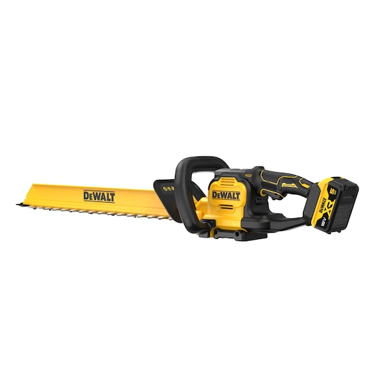 DEWALT 18V XR Brushless Hedge Trimmer with 5Ah battery angled rear view view