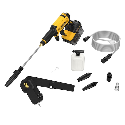 DEWALT 54V XR FLEXVOLT Power Cleaner and accessories including nozzles, strap, hose and foam bottle