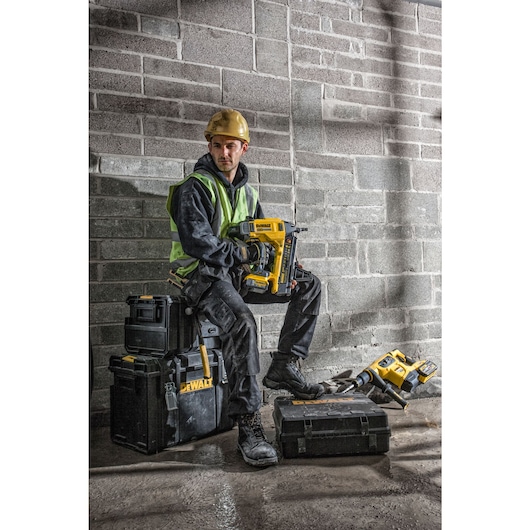 Cordless Concrete Nailer illuminating  work surface with dual-LED work light.