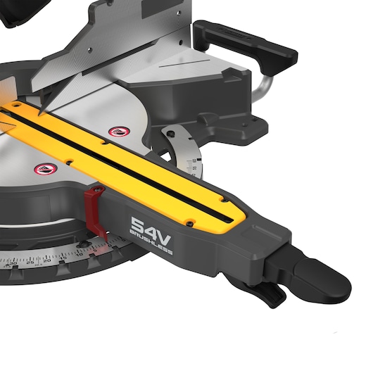 A CLOSE UP OF TOOL FREE MITRE ADJUSTMENT ON THE 305MM MITRE SAW