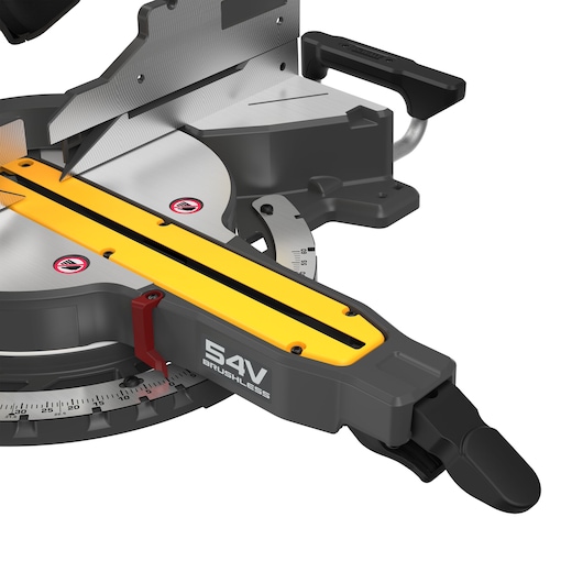 A CLOSE UP OF TOOL FREE MITRE ADJUSTMENT ON THE 305MM MITRE SAW
