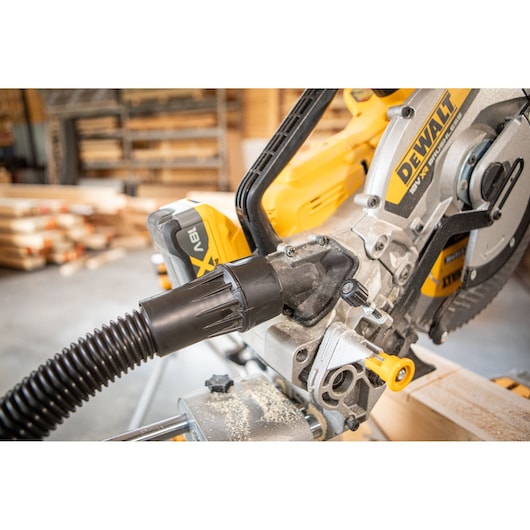 The DEWALT 18V XR 305mm Slide Mitre Saw in wood shop