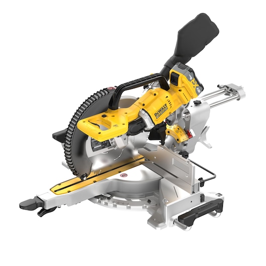 DEWALT 18V XR 305mm Slide Mitre Saw with 18v 8Ah battery view from above
