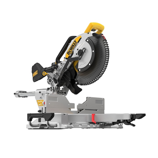 DEWALT 18V XR 305mm Slide Mitre Saw with 18v 8Ah battery ¾ view