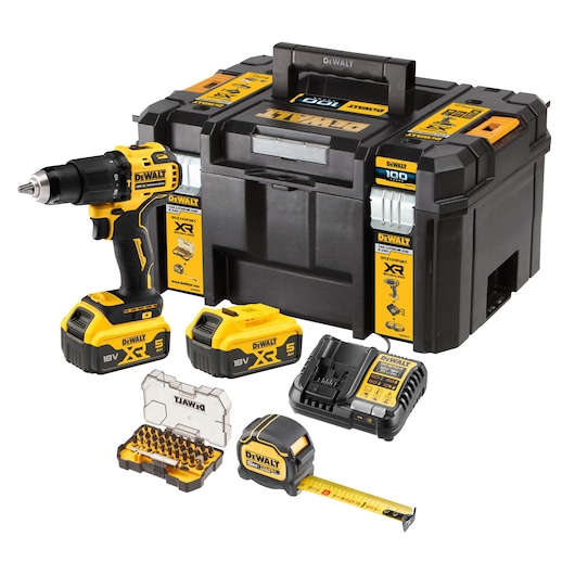 Kit including DCD709 Hammer Drill Driver, x2 5.0Ah batteries, DCB1104 charger, 5M tape measure, accessories set and Tstak kit box