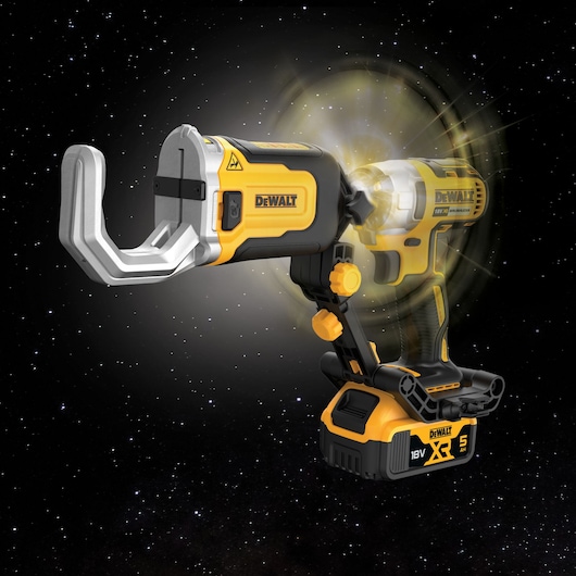 Impact Connect PVC/PEX pipe cutter attachment with Impact Driver and battery 3/4 view