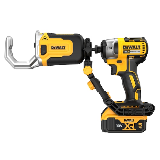 Impact Connect PVC/PEX pipe cutter attachment with Impact Driver and battery side view