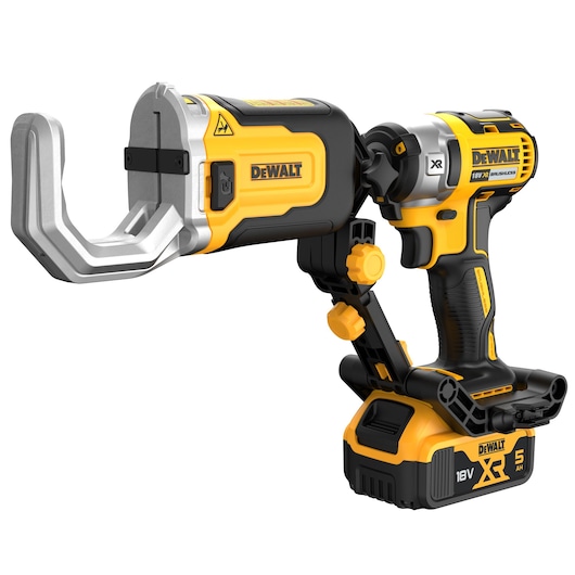 Impact Connect PVC/PEX pipe cutter attachment with Impact Driver and battery 3/4 vew