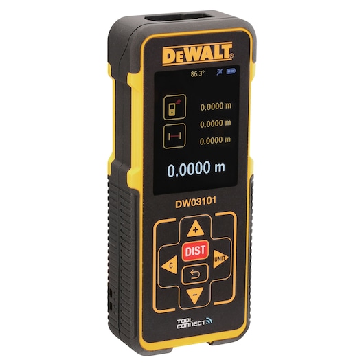 DEWALT pocket laser distance measurer with its display on.