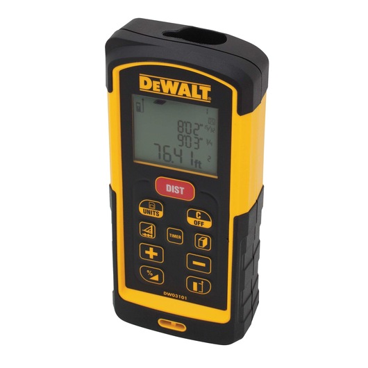 Profile of DEWALT pocket laser distance measurer with its display on.