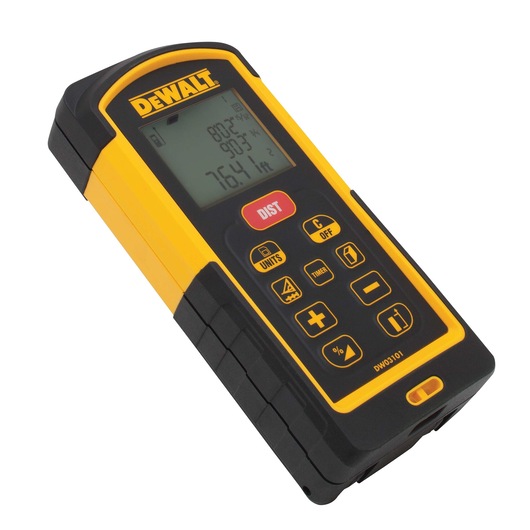 Profile of DEWALT pocket laser distance measurer with its display on.