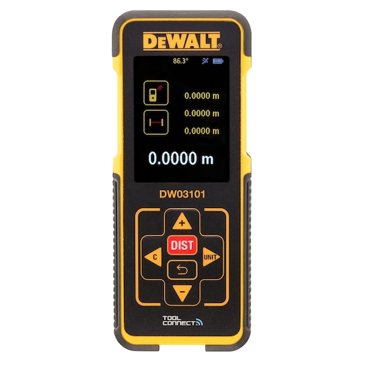 Profile of DEWALT pocket laser distance measurer with its display on.