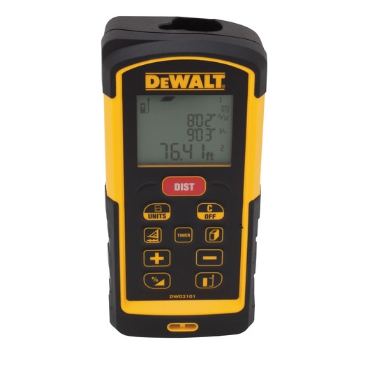 DEWALT pocket laser distance measurer with its display on.