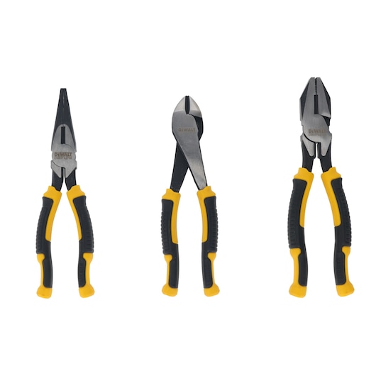 3pc Dewalt pliers set including DWHT82797-0 200mm LH diagonal pliers, DWHT82798-0 200mm LH long nose pliers and DWHT82795-0 200mm LH combination pliers. All shown with pliers closed.