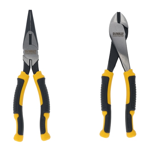 2pc Dewalt pliers set including DWHT82796-0 160mm LH diagonal pliers and DWHT82798-0 200mm LH long nose pliers. All shown with pliers closed.