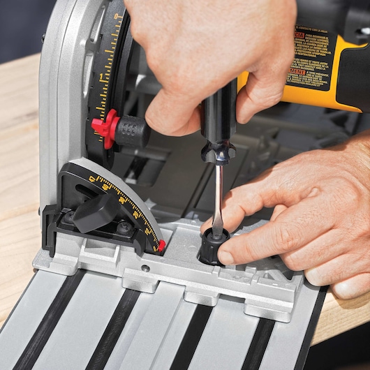 Close up of continuous anti kickback mechanism feature of track saw kit.