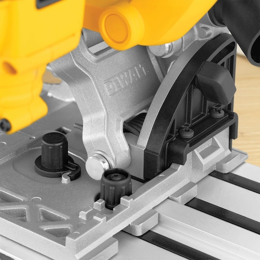 Close up of continuous anti kickback mechanism feature of track saw kit.