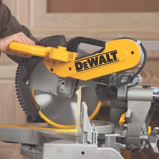 12 inch double bevel sliding compound miter saw in action.