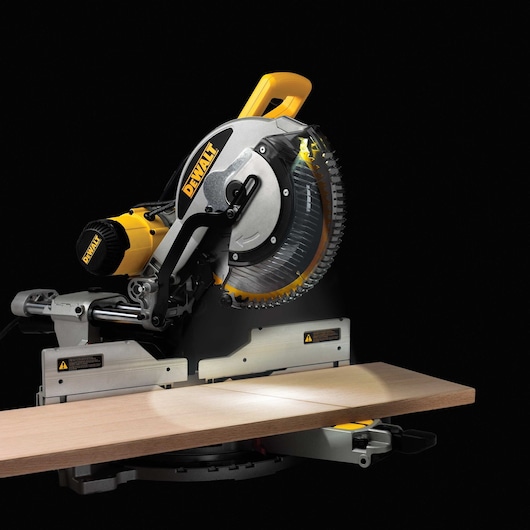 Profile of a 12 inch double bevel sliding compound miter saw.