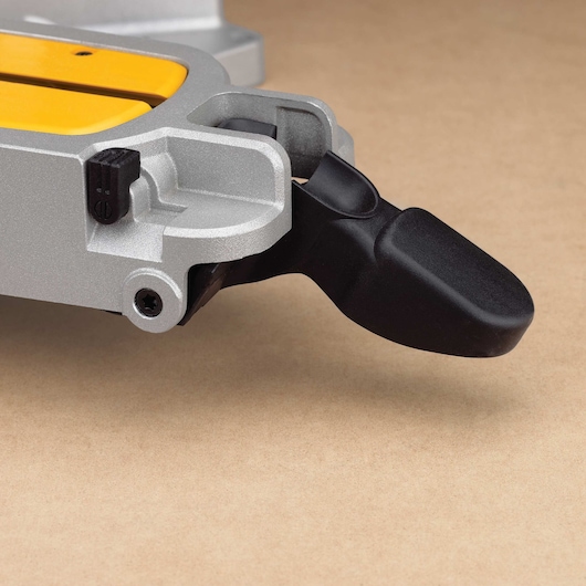 Close up of miter system feature of double bevel sliding compound miter saw.