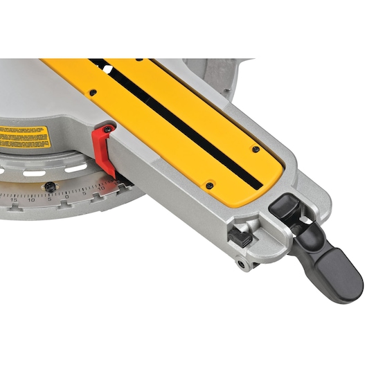 Adjustable plate feature of 12 inch double bevel sliding compound miter saw.
