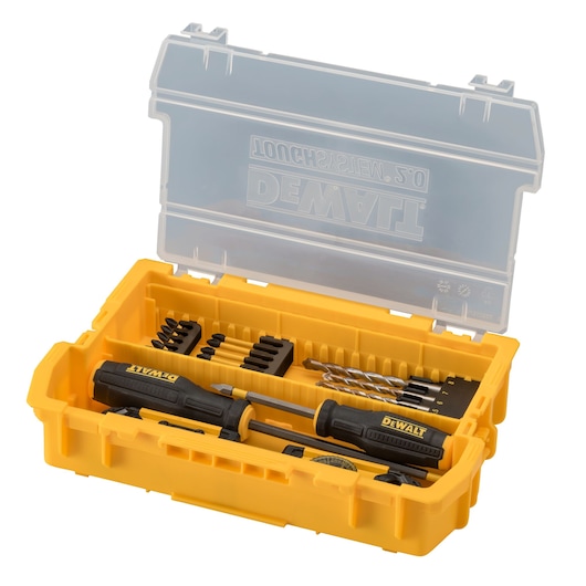 TOUGHSYSTEM 2.0 half width box storage case open with examples of tool storage