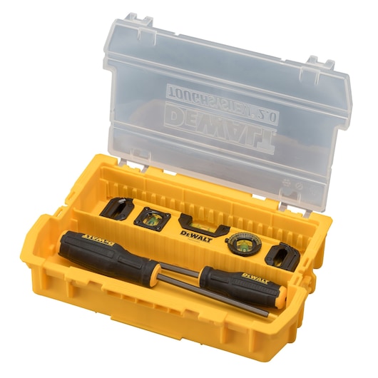 TOUGHSYSTEM 2.0 half width box storage case open with examples of tool storage