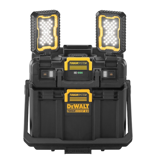 TOUGHSYSTEM 2.0 Cordless Adjustable Work Light and Storage front view with headlights up and on