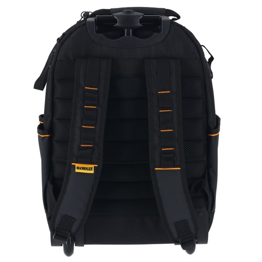 DEWALT/McLaren Backpack with Handle and Wheels view of back with shoulder straps, handle down