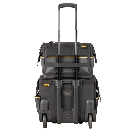 Back view of Dewalt 16" Pro Open Mouth Tool Bag on top of rolling tool bag"